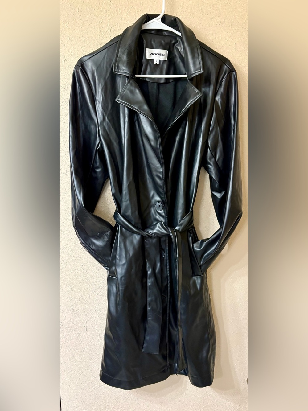 Vigoss Black Faux Leather Trench Coat with Belt